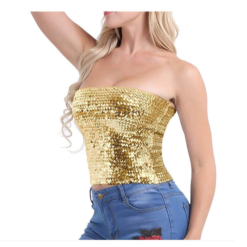 Fenyong Womens Sparkly Sequin Mermaid Crop Tops, Strapless Metallic Tube Tops for Party Clubwear(Gold) - Image 4